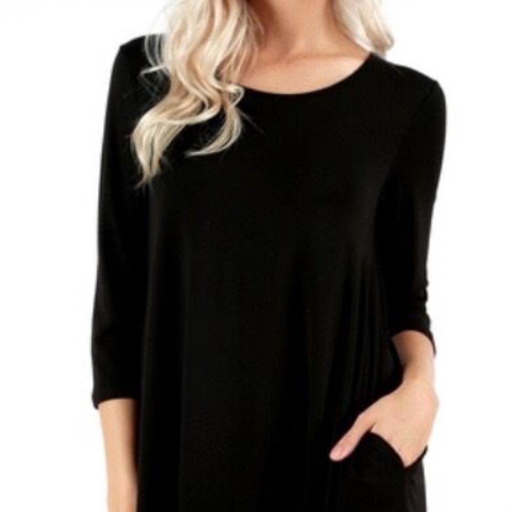 NEW 3/4 Sleeve A-Line Swing Midi Round Hem Dress- Black - Picture 2 of 3